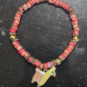 Red Heishi Beaded-Llama Charm Stretchy Bracelet